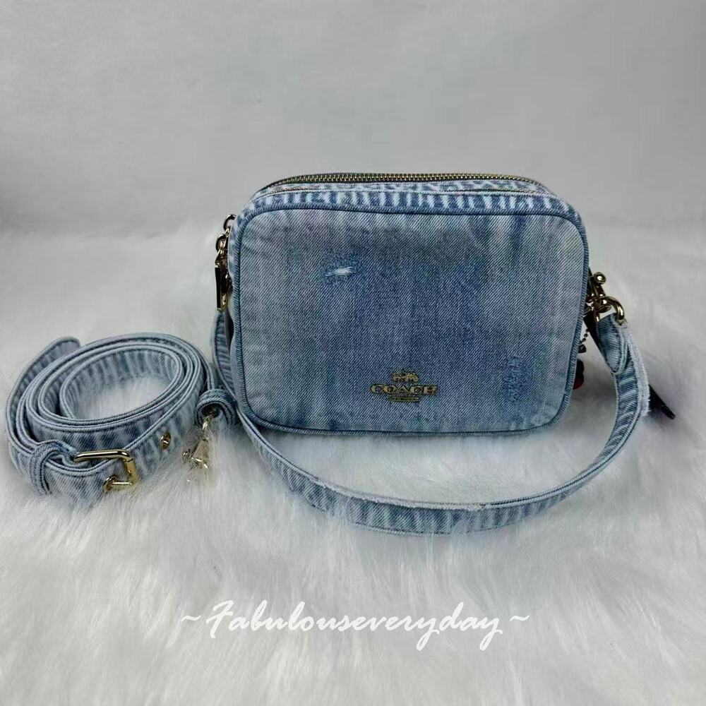Coach Mini Carey Crossbody Bag In Loved Denim With Charms Light Indigo CEK75 NWT